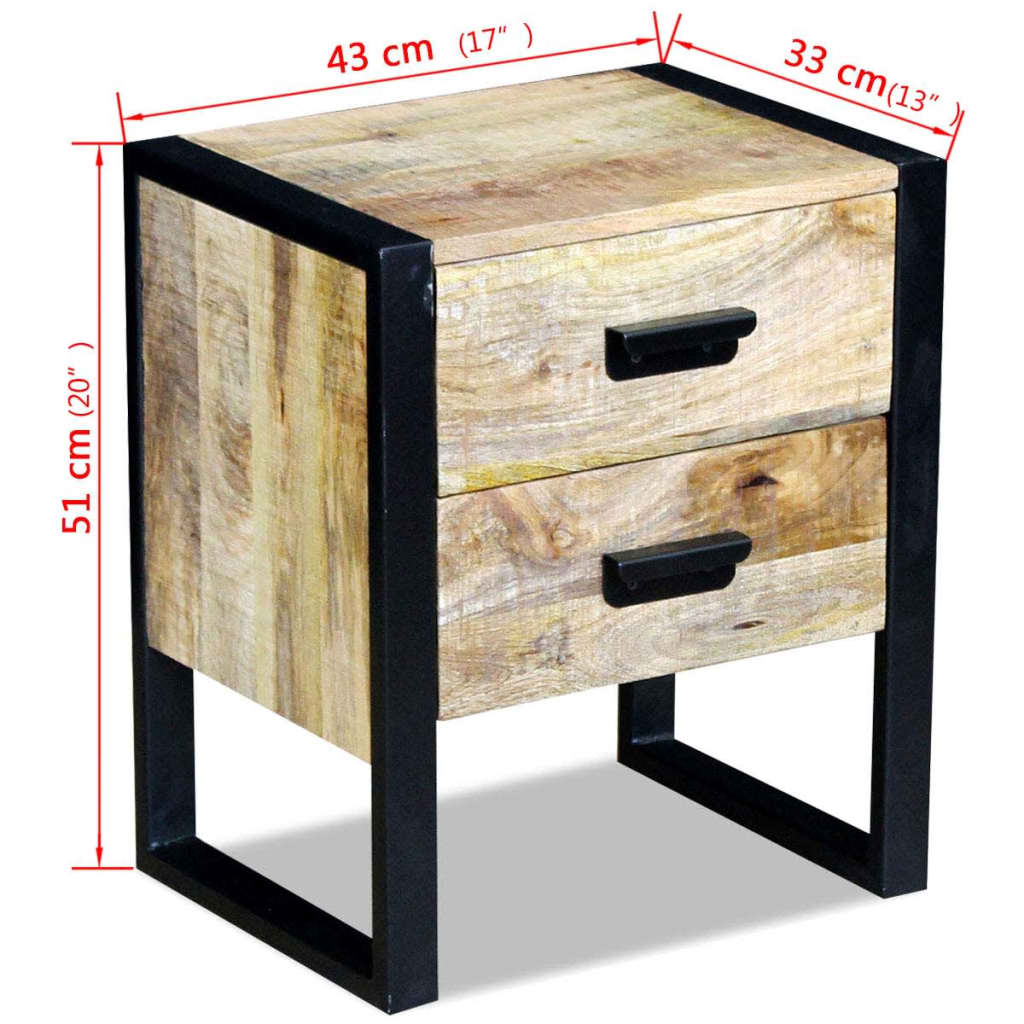 vidaXL Mesa apoio 2 gavetas madeira de manga sólida 43x33x51 cm