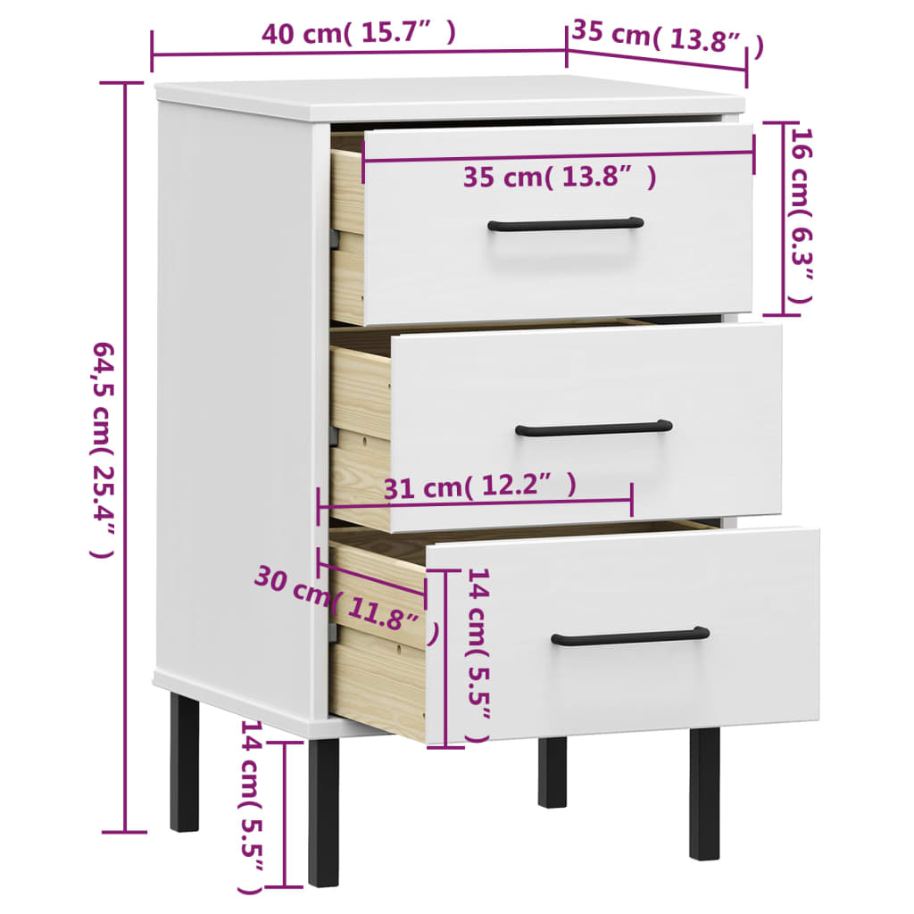 vidaXL Mesa cabeceira c/ pernas de metal OSLO pinho maciço branco