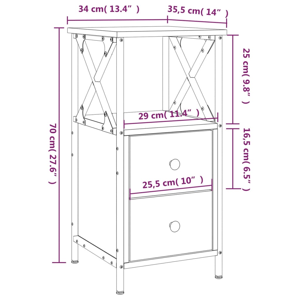 vidaXL Mesa cabeceira 34x35,5x70 cm derivados madeira cinza sonoma