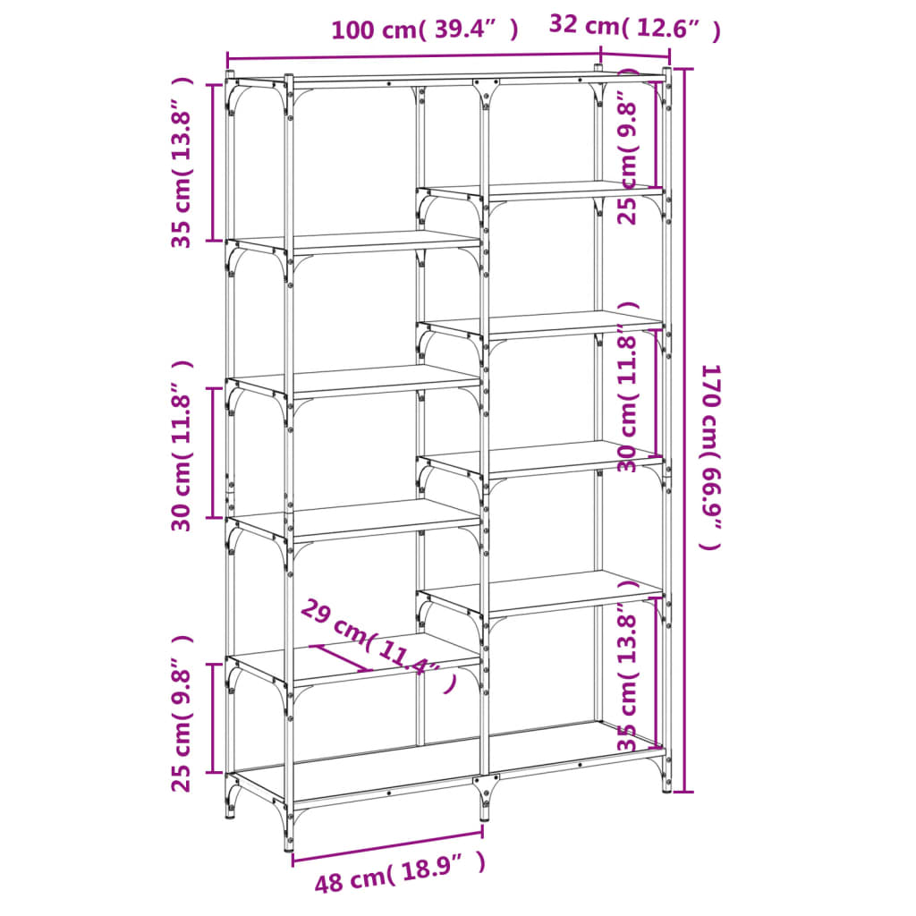 vidaXL Estante 100x32x170 cm derivados de madeira e ferro cinza sonoma