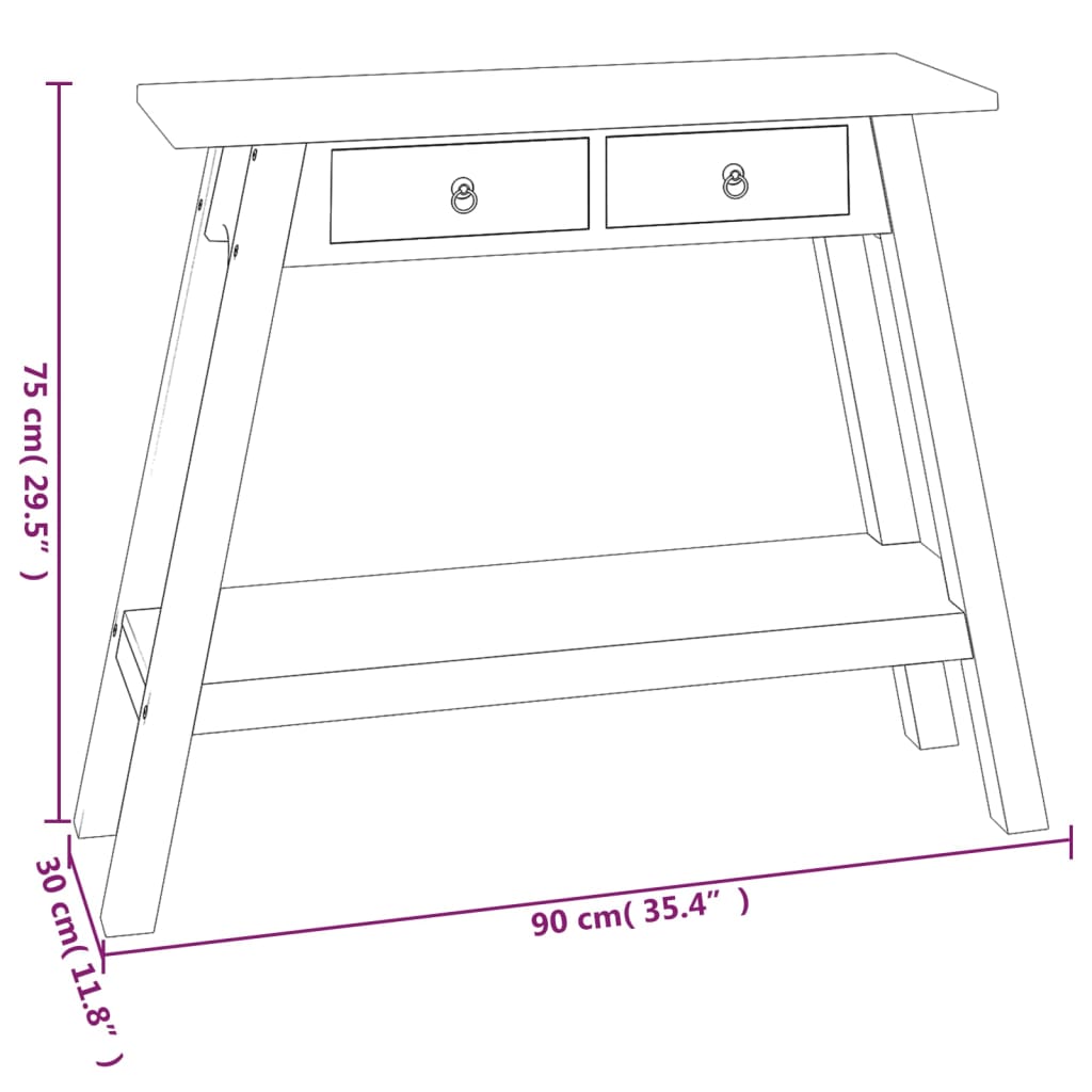 vidaXL Mesa consola c/ gavetas 90x30x75 cm madeira de mogno maciça