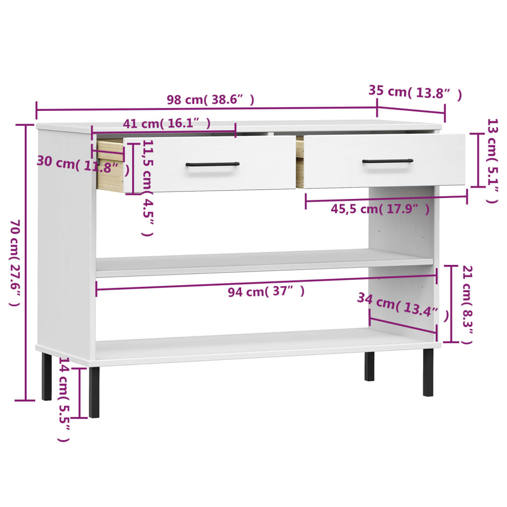 vidaXL Móvel consola c/ pernas de metal pinho maciço OSLO branco