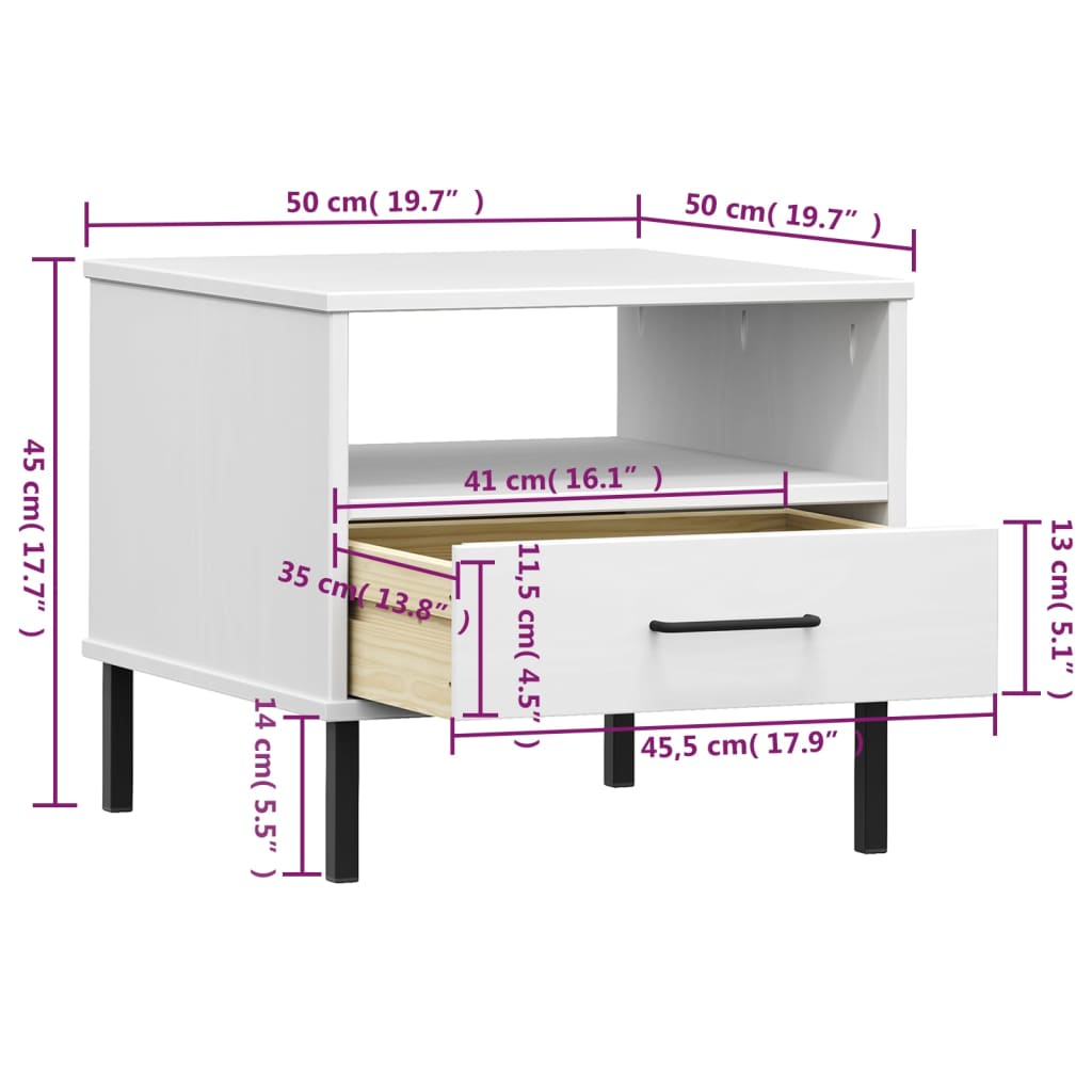 vidaXL Mesa de cabeceira c/ pernas de metal pinho maciço OSLO branco