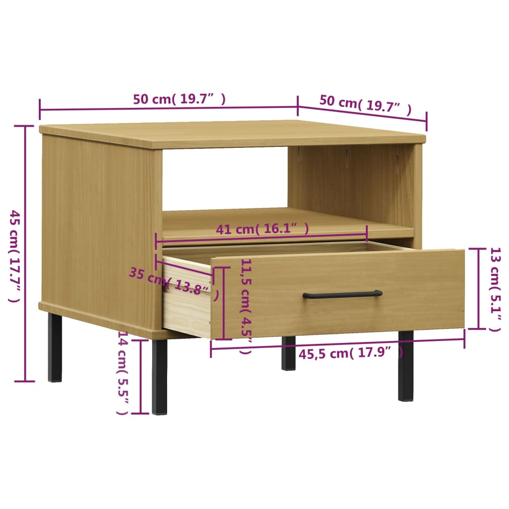 vidaXL Mesa de cabeceira c/ pernas de metal OSLO pinho maciço castanho