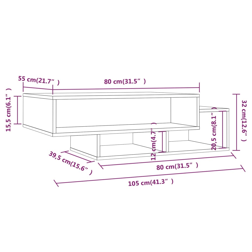 vidaXL Mesa de centro 105x55x32cm derivados de madeira cinzento sonoma