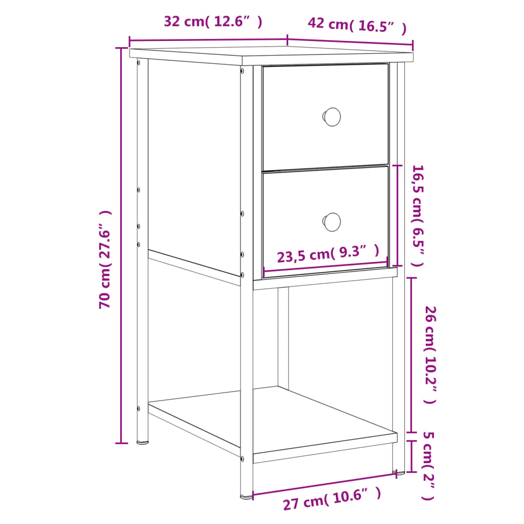 vidaXL Mesa de cabeceira 32x42x70 cm derivados madeira sonoma cinza