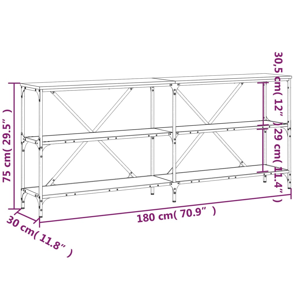 vidaXL Mesa consola 180x30x75 cm deriv. madeira/ferro carvalho fumado