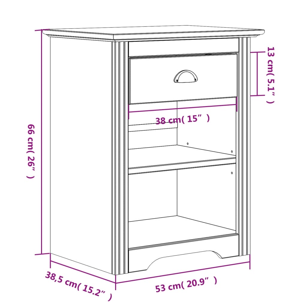 vidaXL Mesa de cabeceira BODO 53x38,5x66 cm pinho maciço castanho