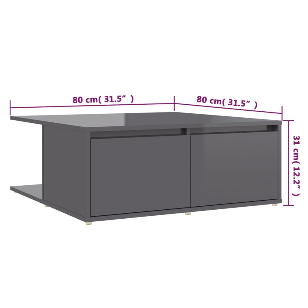 vidaXL Mesa de centro 80x80x31 cm contraplacado cinzento brilhante