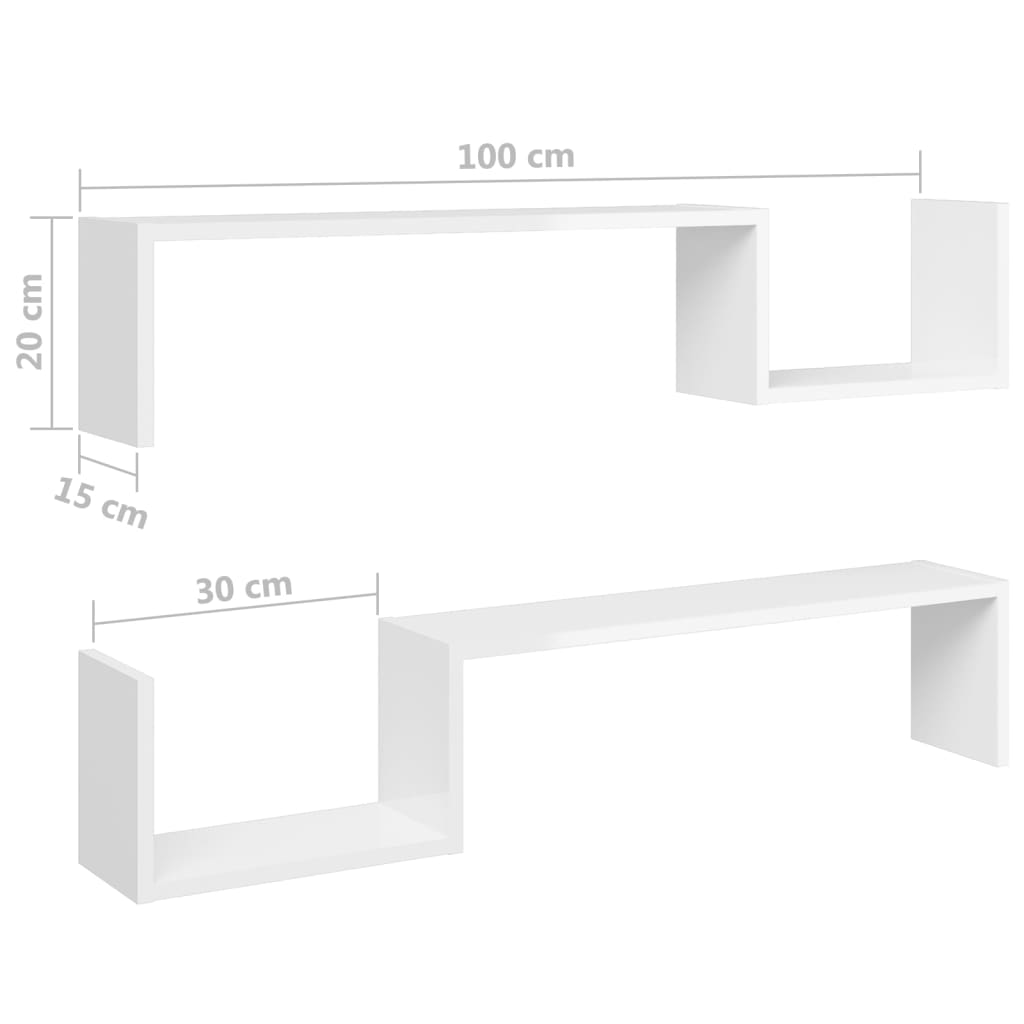 vidaXL Estantes de parede 2pcs 100x15x20 cm contrapl. branco brilhante