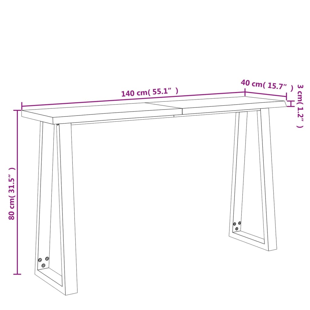 vidaXL Mesa de jantar c/ bordas vivas 140x40x80 cm acácia maciça