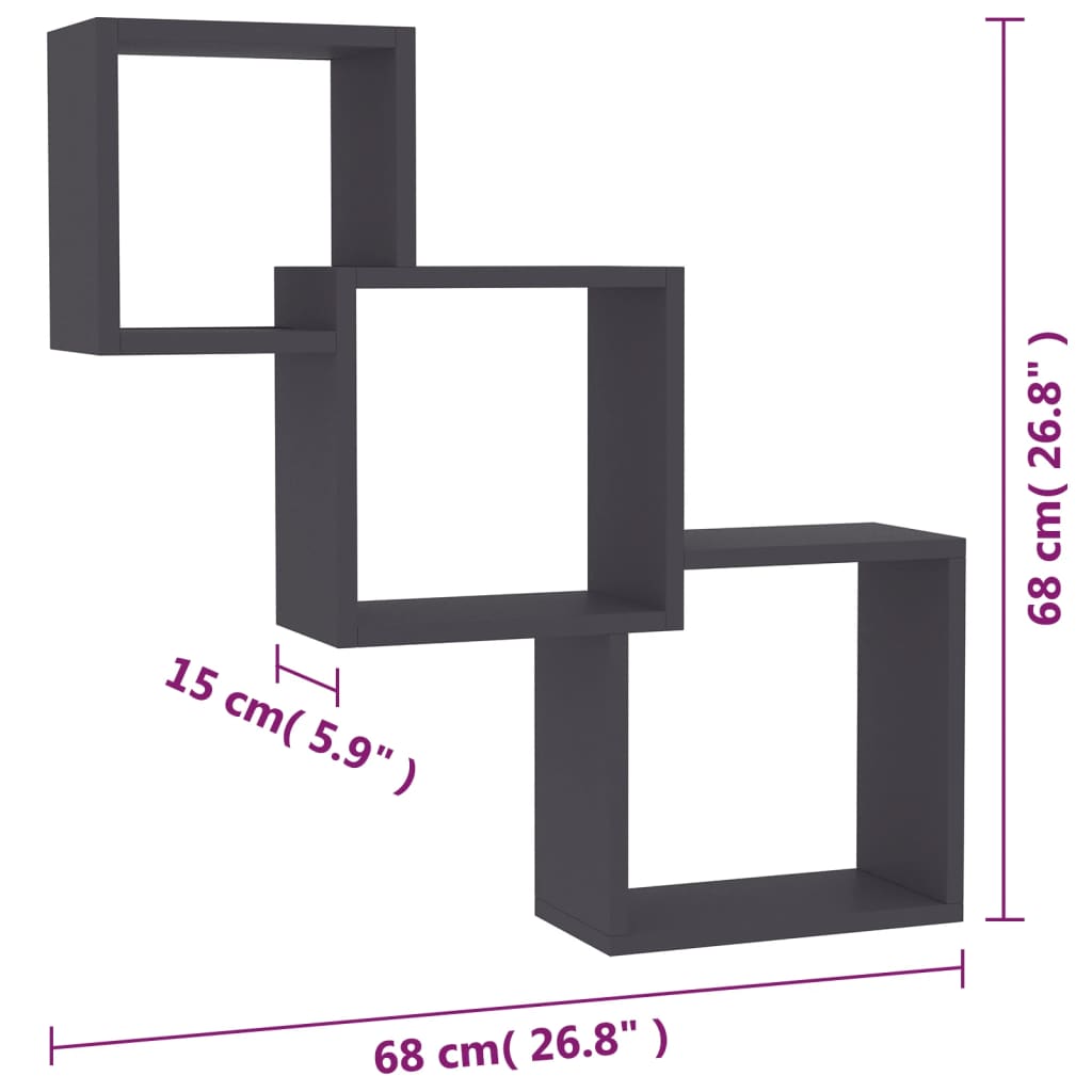 vidaXL Prateleiras de parede cubos 68x15x68cm contraplacado cinzento