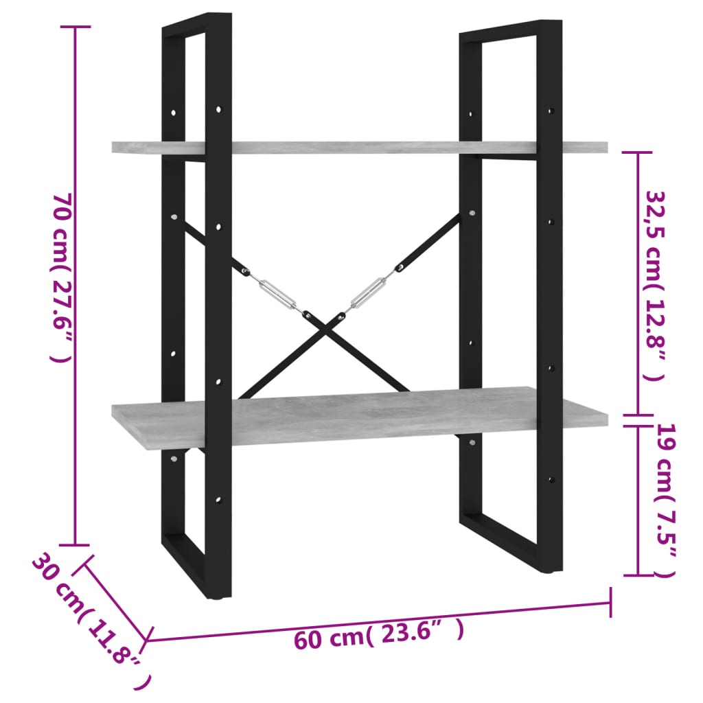 vidaXL Estante 2 prateleiras 60x30x70cm contraplacado cinzento cimento