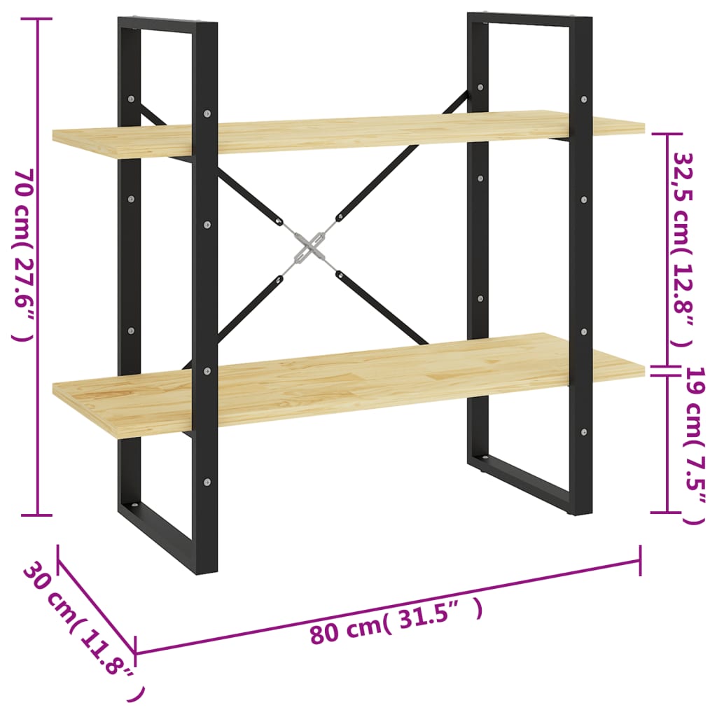 vidaXL Estante com 2 prateleiras 80x30x70 cm pinho maciço castanho