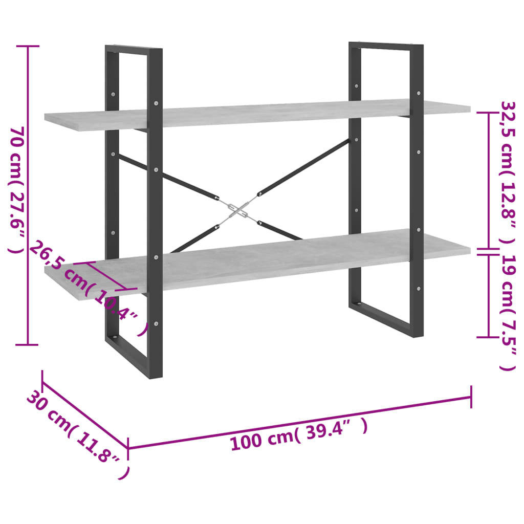 vidaXL Estante c/ 2 prateleiras 100x30x70cm contrapl. cinzento-cimento