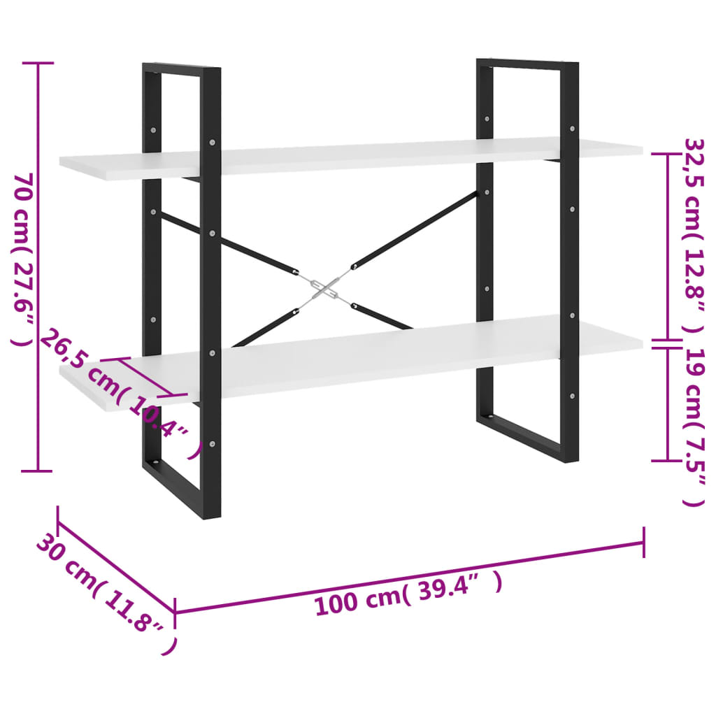 vidaXL Estante com 2 prateleiras 100x30x70 cm contraplacado branco