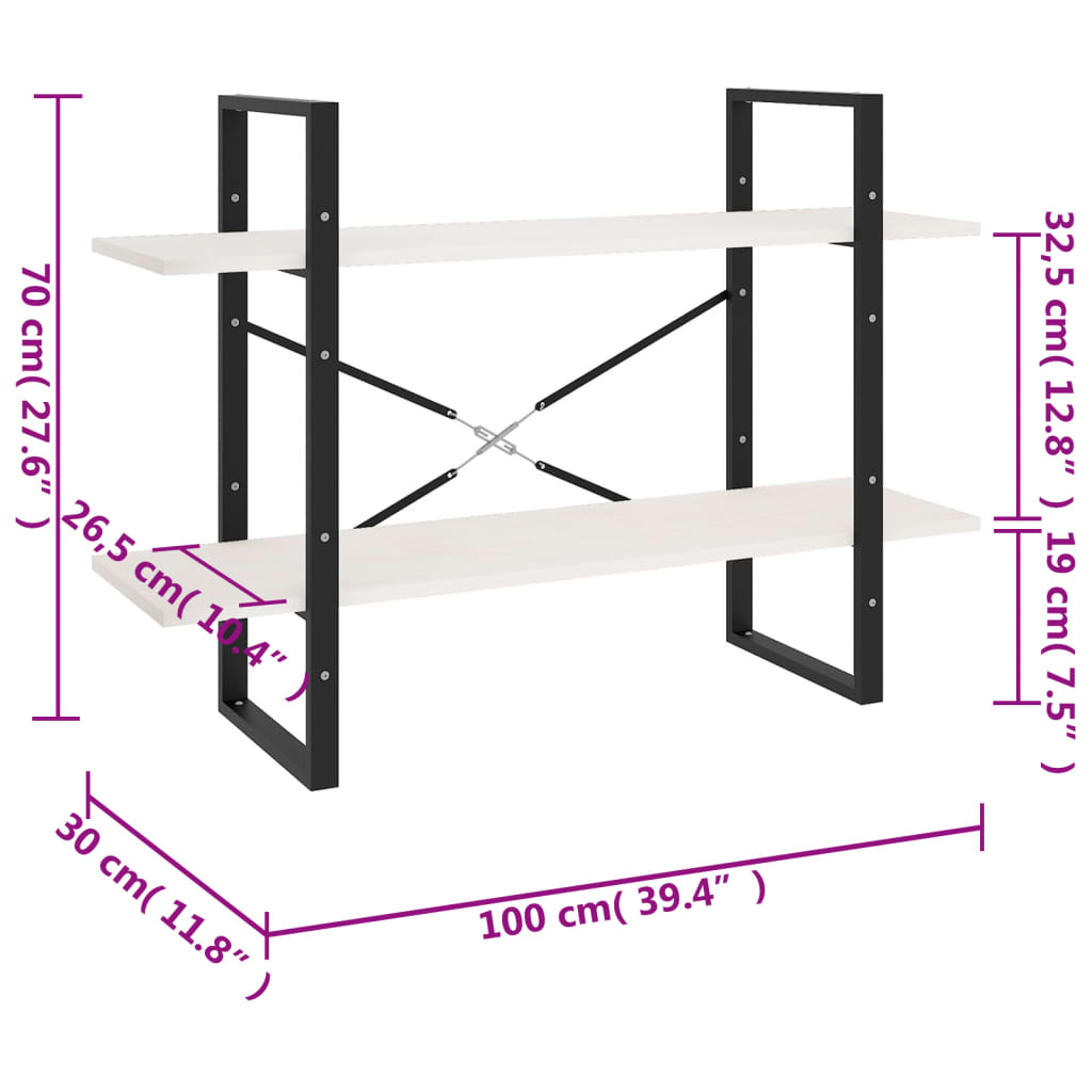 vidaXL Estante com 2 prateleiras 100x30x70 cm pinho maciço branco