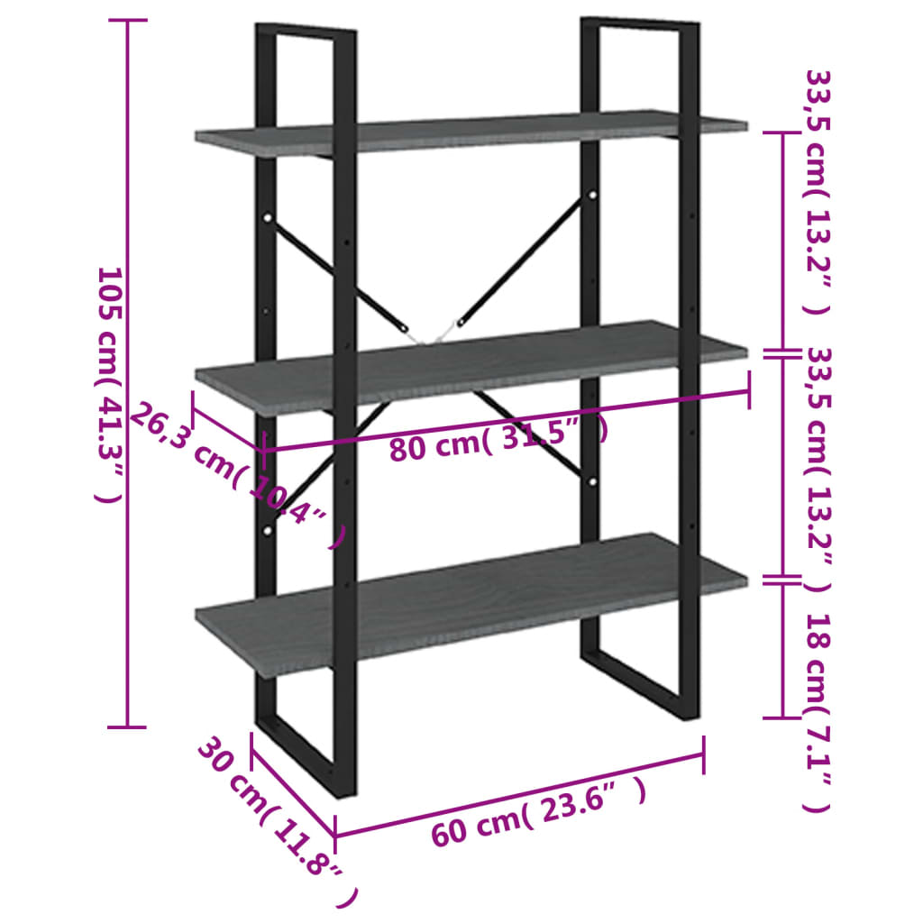 vidaXL Estante com 3 prateleiras 80x30x105 cm pinho maciço cinzento