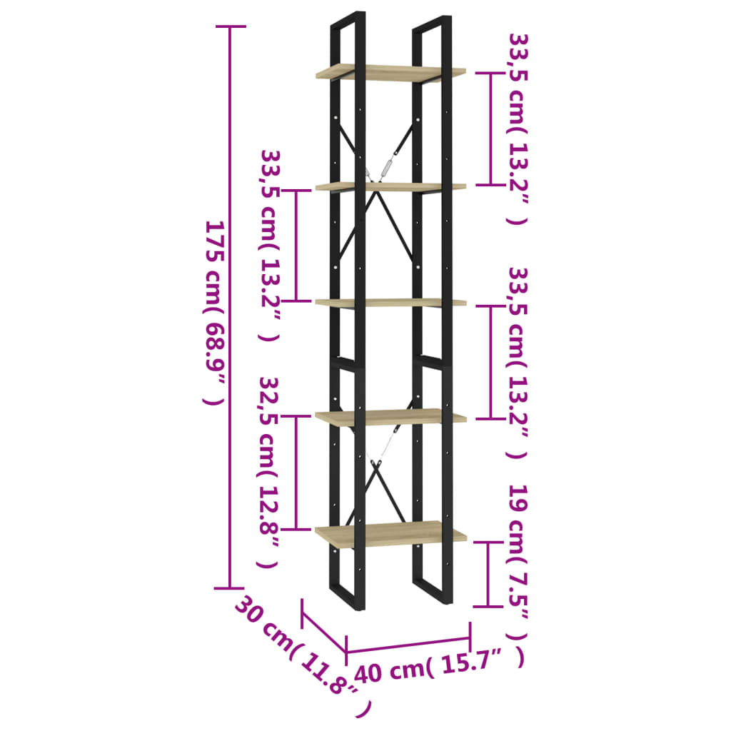 vidaXL Estante 5 prateleiras 40x30x175 cm derivados madeira sonoma