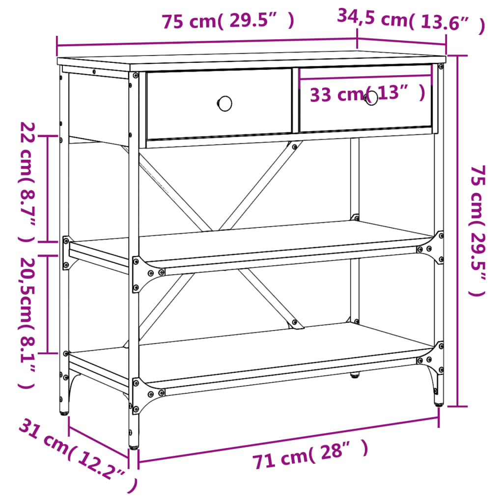 vidaXL Mesa consola 75x34,5x75 cm derivados de madeira cinzento sonoma