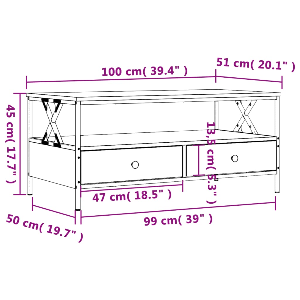 vidaXL Mesa de centro 100x51x45 cm derivados madeira carvalho castanho