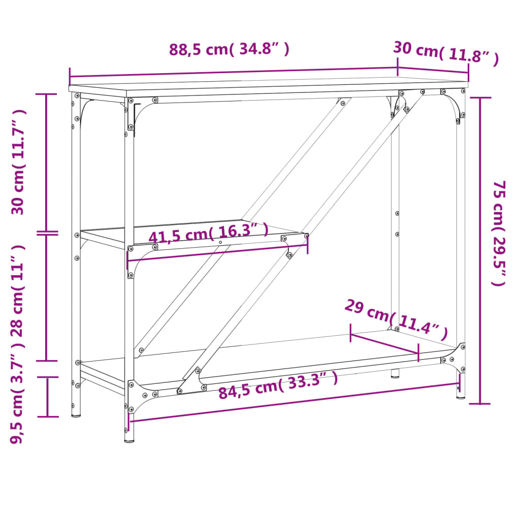 vidaXL Mesa consola 88,5x30x75 cm derivados de madeira preto