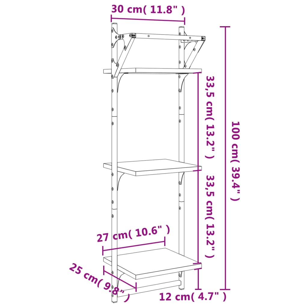 vidaXL Estante 3 prateleiras parede c/ barras 2 pcs 30x25x100 cm preto