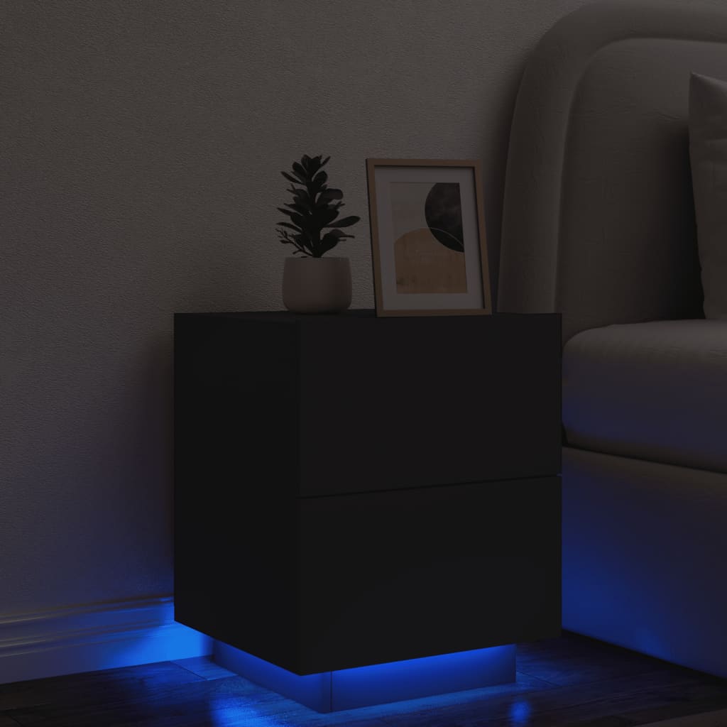 vidaXL Mesa de cabeceira com luzes LED derivados de madeira preto