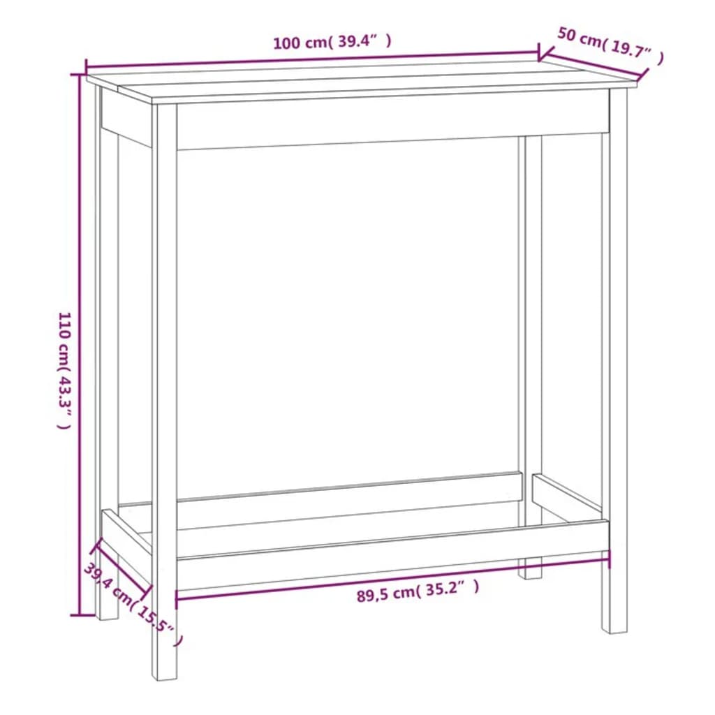 vidaXL Mesa de bar 100x50x110 cm madeira de pinho maciça