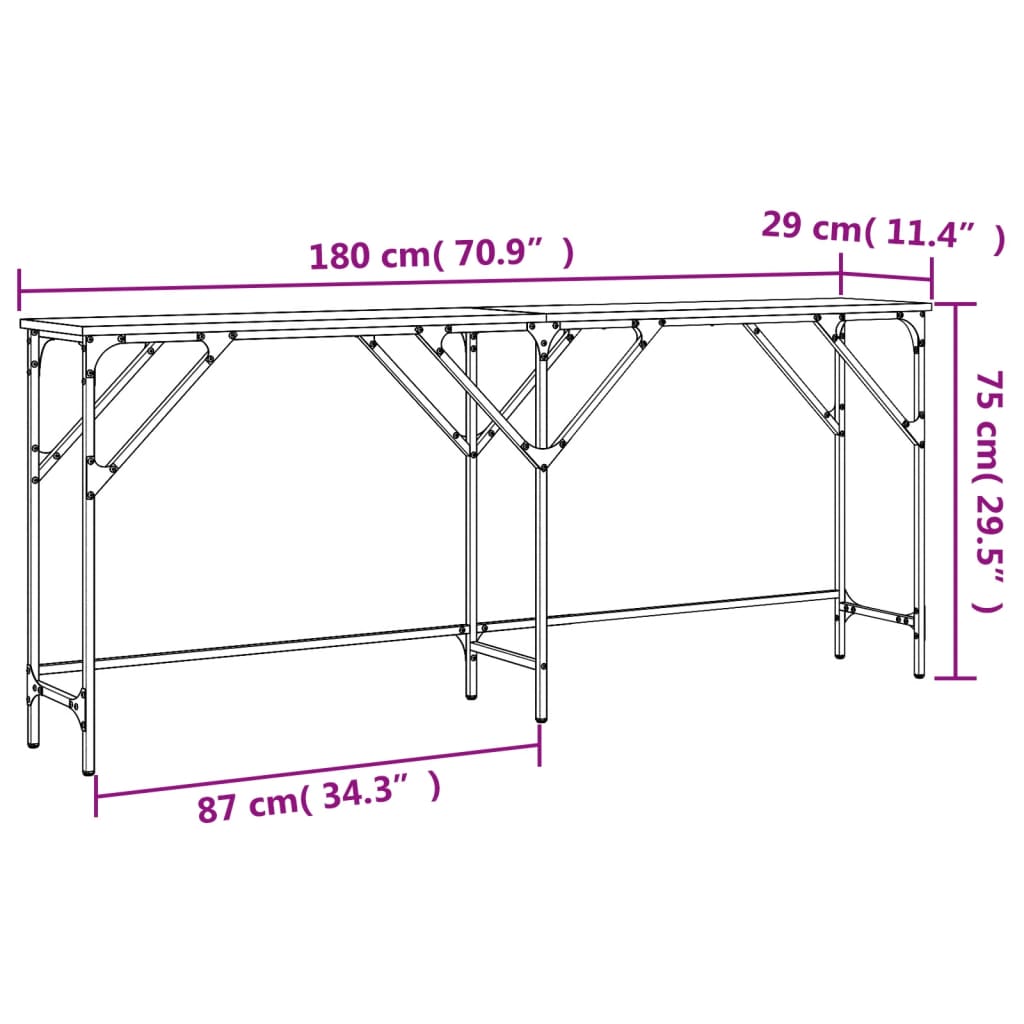 vidaXL Mesa consola 180x29x75 cm derivados de madeira cinzento sonoma