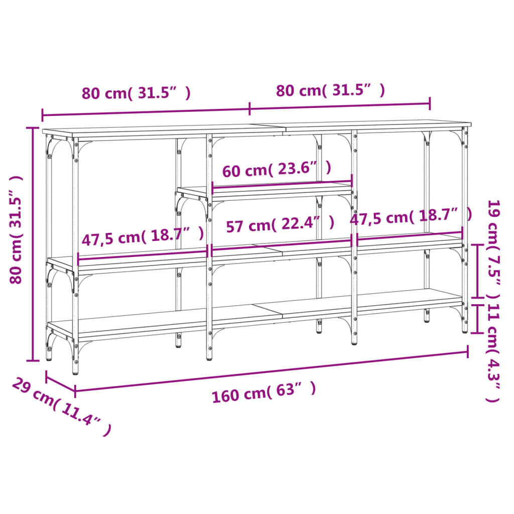 vidaXL Mesa consola 160x29x80 cm derivados de madeira cinzento sonoma