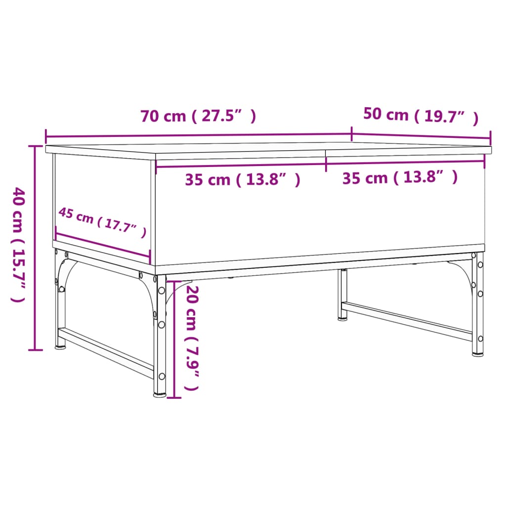 vidaXL Mesa de centro 70x50x40 cm deriv. madeira/metal cinzento sonoma