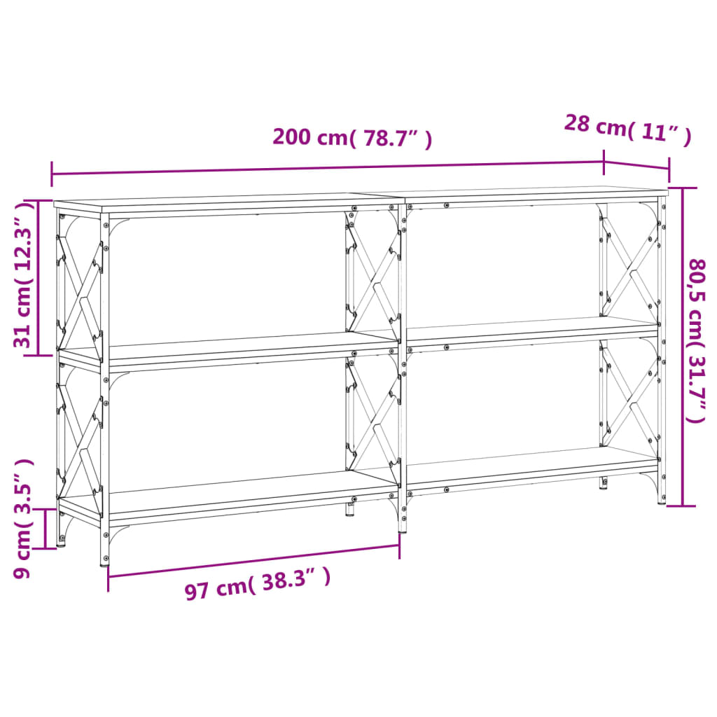 vidaXL Mesa consola 200x28x80,5cm derivados de madeira cinzento sonoma