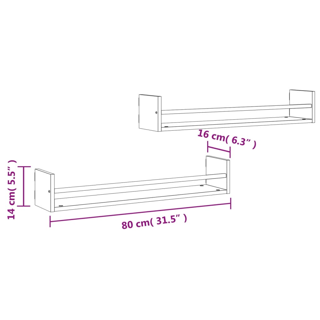 vidaXL Prateleiras de parede com barras 2 pcs 80x16x14 cm preto