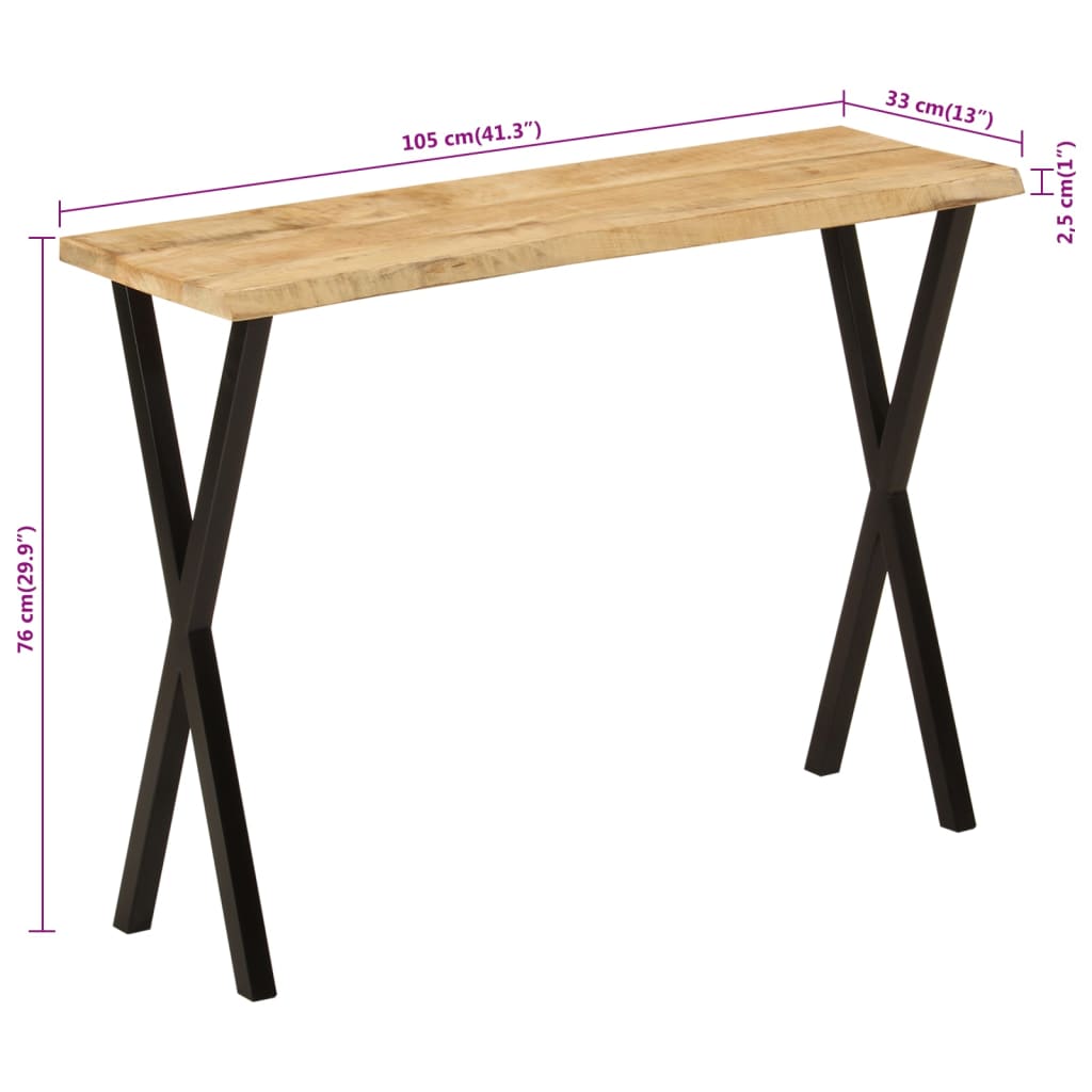 vidaXL Mesa consola c/ borda viva 105x33x76cm madeira mangueira maciça