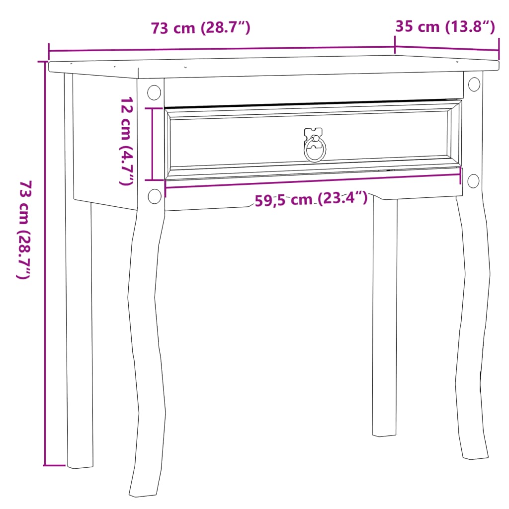 vidaXL Mesa consola Corona 73x35x73 cm madeira de pinho maciça