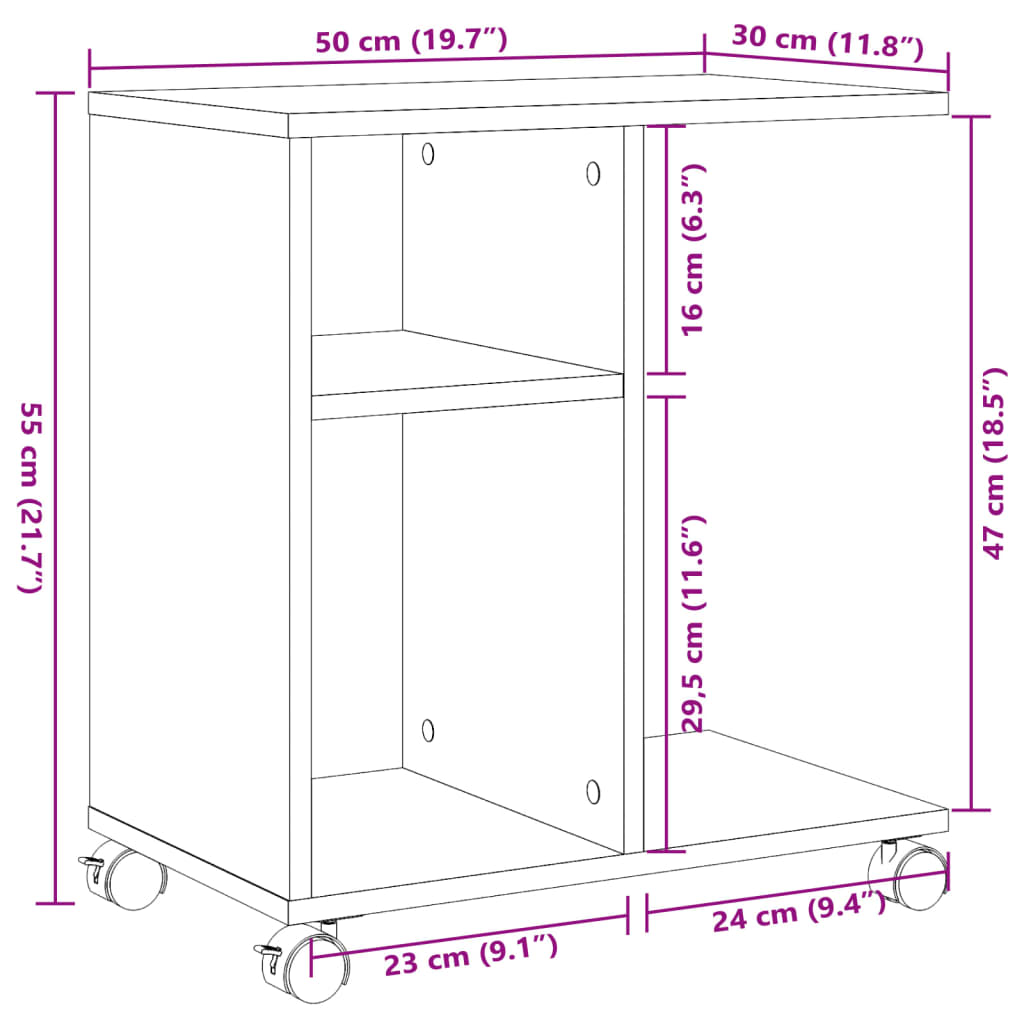 vidaXL Mesa de apoio c/ rodas 50x30x55 cm derivados de madeira branco