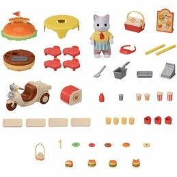 Sylvanian Families|Acessórios para Casa de Bonecas Sylvanian Families Puesto de hamburguesas - Papa Latte Cat y Scooter 30 Peças