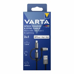 Cabo USB Varta 2 m Preto 3 em 1 USB-C Micro USB Lightning