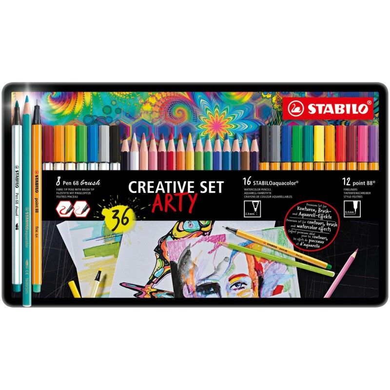 Stabilo|Conjunto de Canetas de Feltro Stabilo Point 88 - Pen 68 Brusht - Aquacolor Multicolor Stabilo|Conjunto de Canetas de Feltro Stabilo Point 88 - Pen 68 Brusht - Aquacolor Multicolor