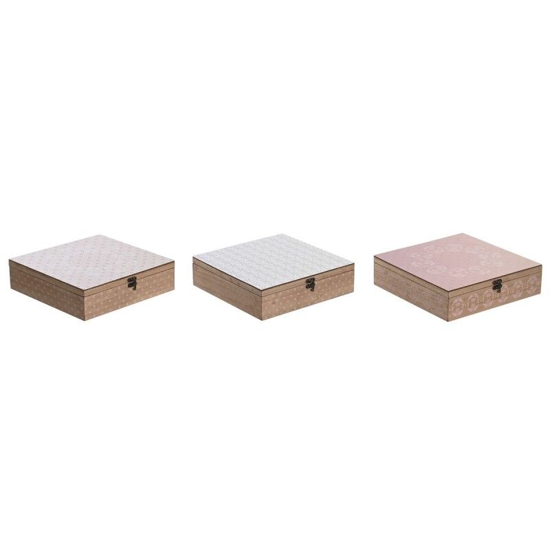 DKD Home Decor|Caixa para Infusões DKD Home Decor Cristal Cor de Rosa Metal Branco 24 x 24 x 7 cm 3 Peças Madeira MDF