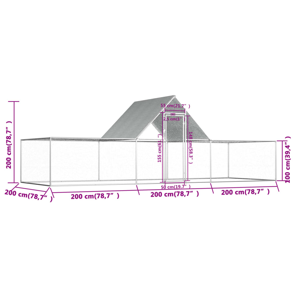 vidaXL Galinheiro 6x2x2 m aço galvanizado