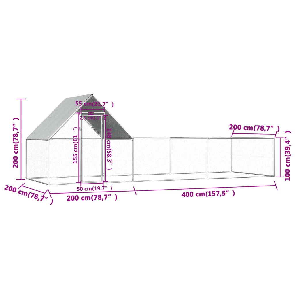 vidaXL Galinheiro 6x2x2 m aço galvanizado