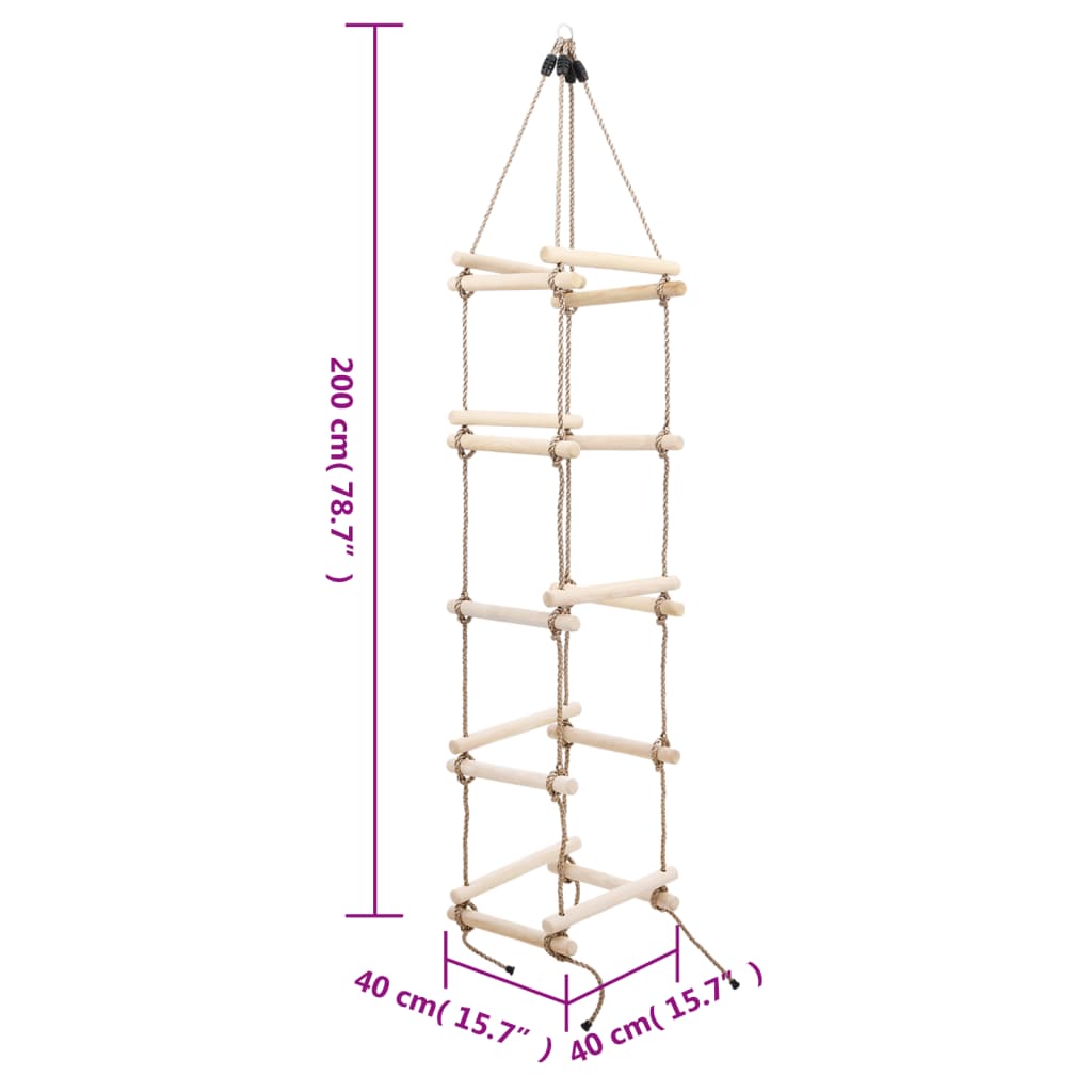 vidaXL Escada de corda infantil 200 cm madeira