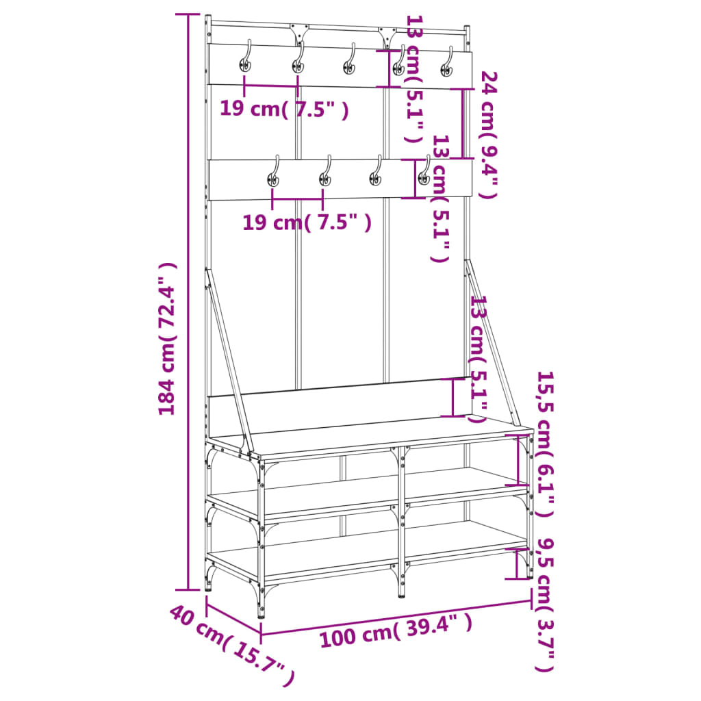 vidaXL Bengaleiro c/ arrumação de calçado 100x40x184 cm preto