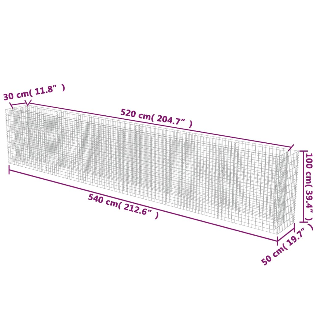 vidaXL Canteiro elevado/cesto gabião 540x50x100 cm aço galvanizado