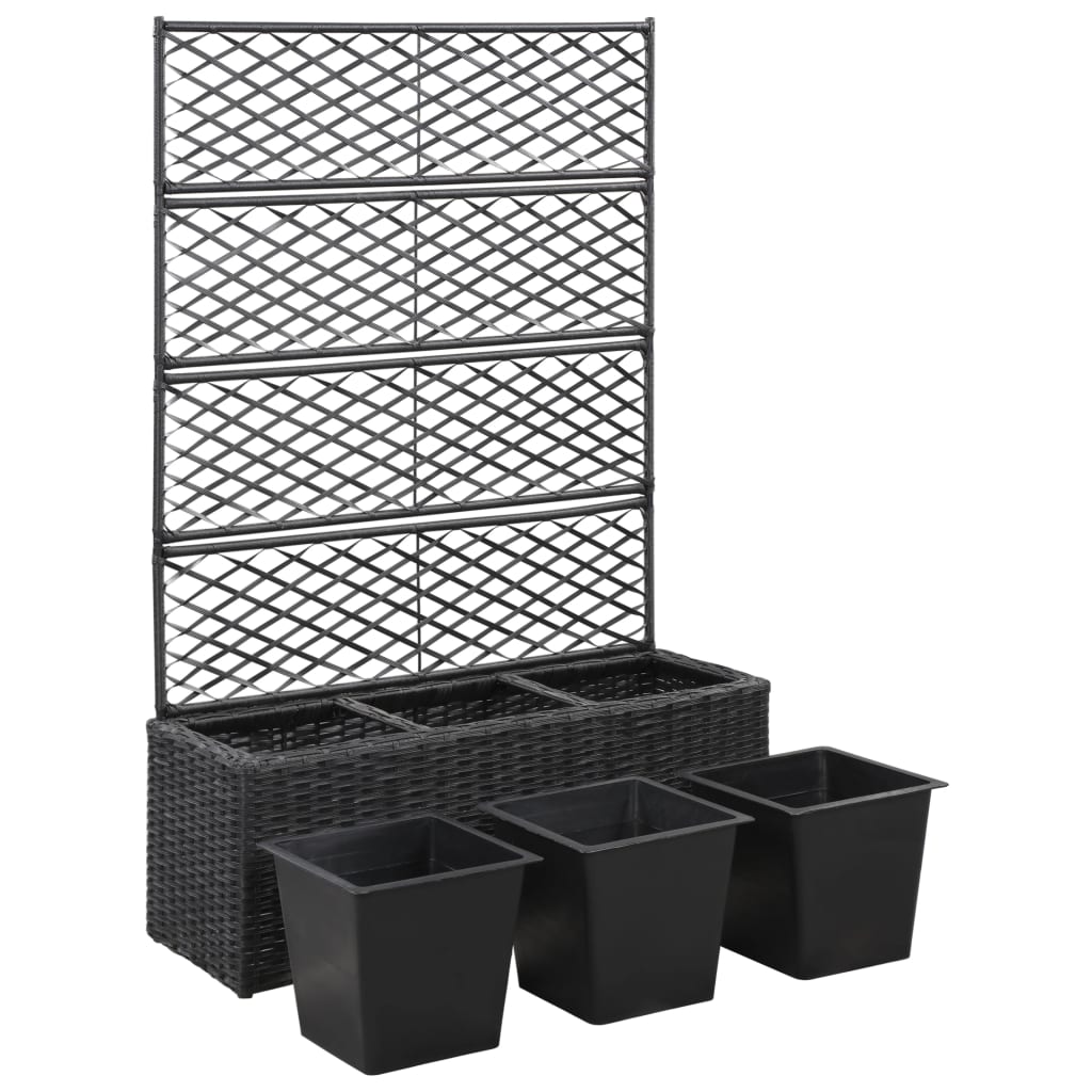 vidaXL Floreira com treliça e 3 vasos 83x30x130 cm vime PE preto