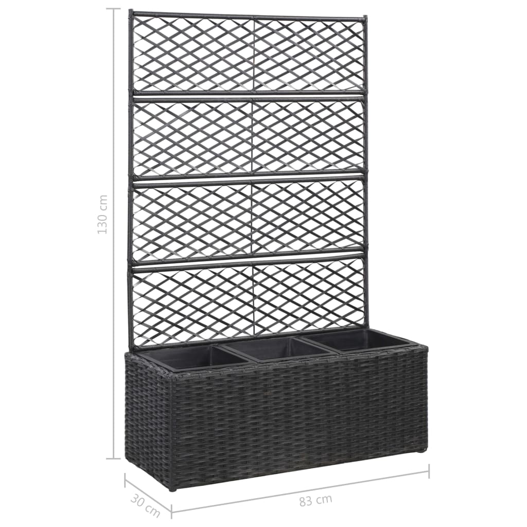 vidaXL Floreira com treliça e 3 vasos 83x30x130 cm vime PE preto