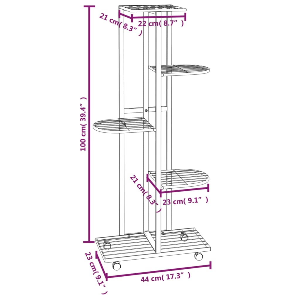 vidaXL Suporte vasos c/ 5 prateleiras e rodas 44x23x100cm ferro branco