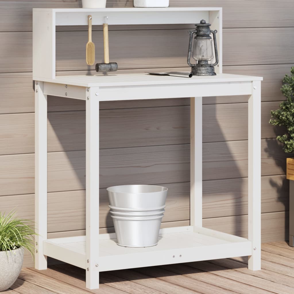 vidaXL Mesa de jardinagem com prateleiras madeira pinho maciça branco